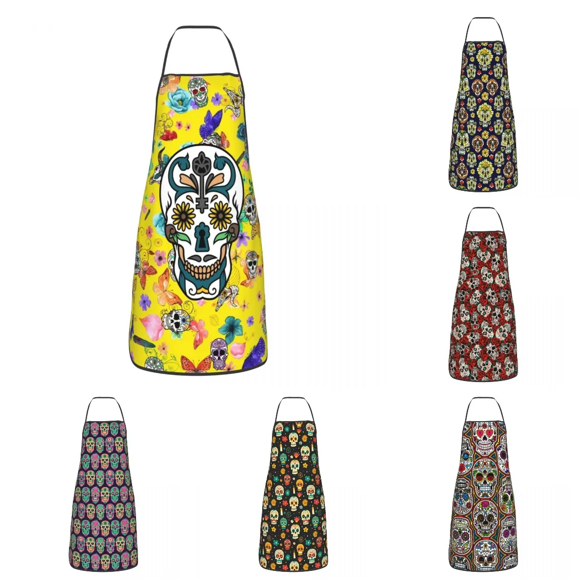 Sugar Skulls Day Of The Dead Aprons Men Women Unisex Adult Chef Cooking Kitchen Colorful Vintage Skeleton Gothic Tablier Cuisine