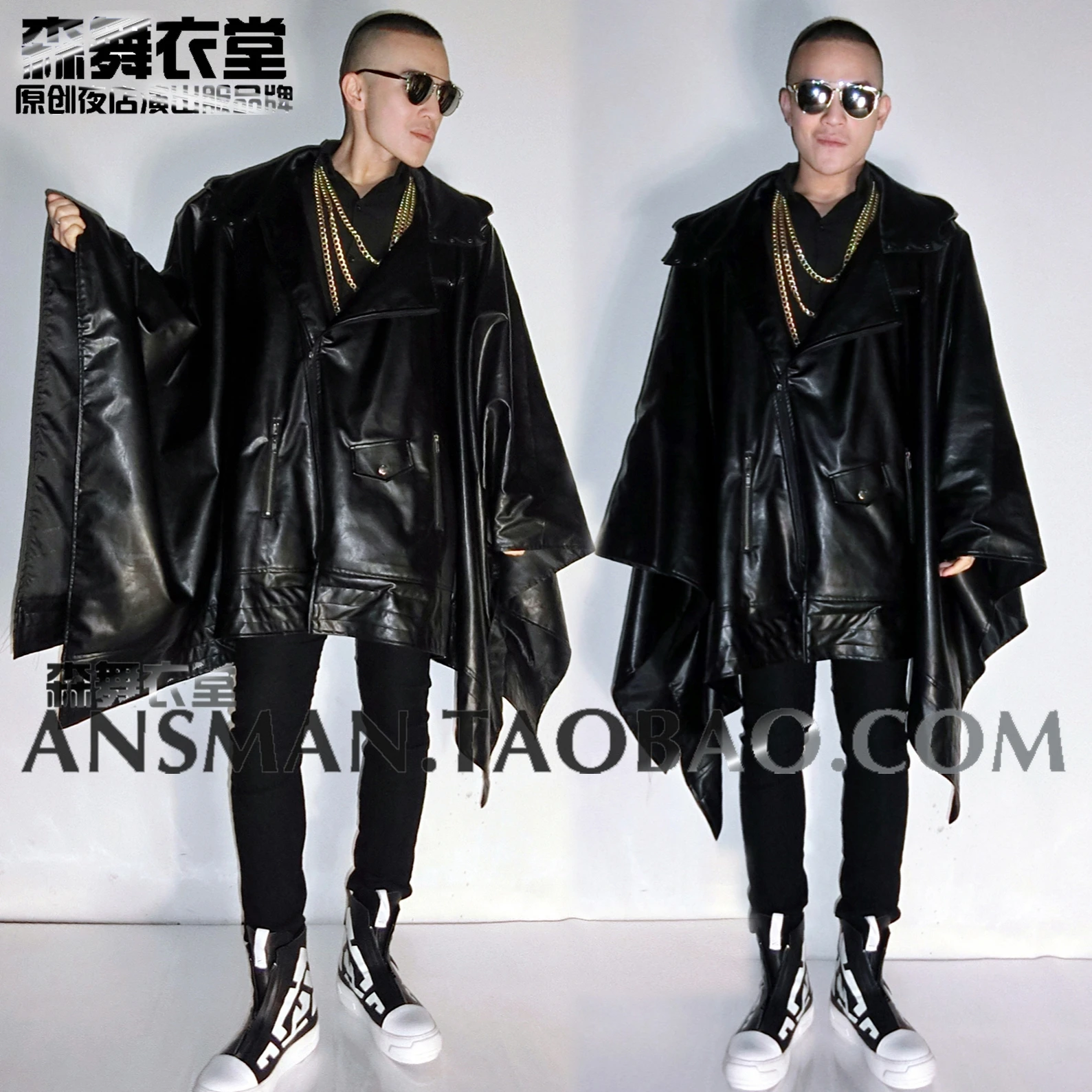 New Nightclub Bar DJ Singer Host Motorcycle Leather Fashion Cloak Coat Men's Spring and Autumn Leisure Performance Clothing