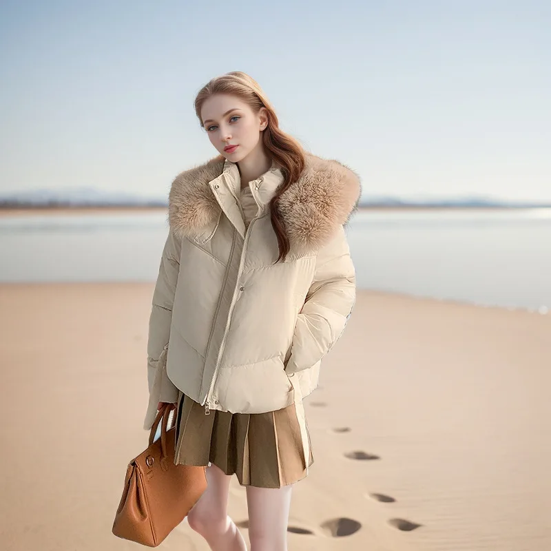 Drawstring Lady's Winter Quilted Jacket pure Color Luxury Fur Collar Pockets Zipper Coat For Women Slouchy-Style Female's Coat