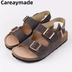 Careaymade-Genuine Leather women's slippers outerwear comfort versatility Ins hot thick soled cork slippers Bucken wool shoes