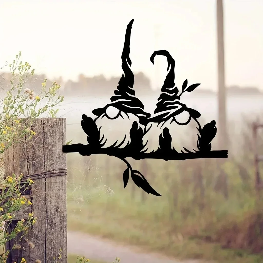Metal Garden Gnome with Branch Silhouette Outdoor Yard Decoration Mushroom Decoration Iron Art Tree Decoration