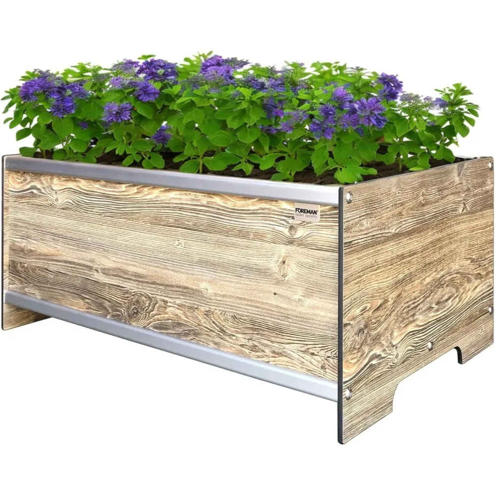 36”Lx24”Wx14”H Premium Plastic Wood Grain Aluminum Frame Elevated Planter Box for Backyard Patio Balcony, Amaretto