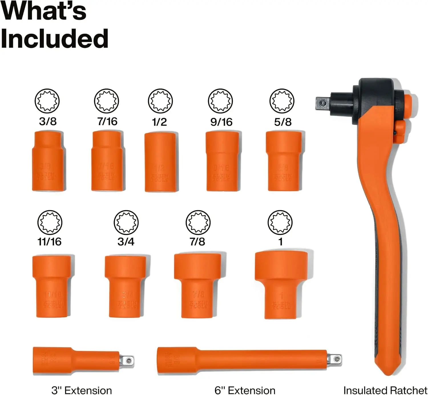 47110INS Insulated Ratchet and Socket Set, 1000V Rated, ASTM F1505 Certified, Includes 3 6-Inch Extension Bars, Class 2 Glove