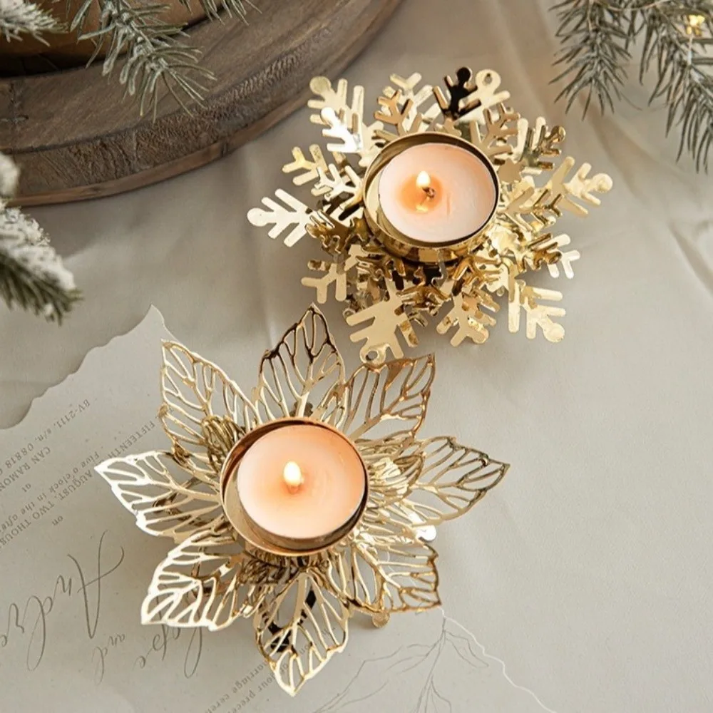 Vintage Snowflake Candle Tray Flower Shape Iron Candle Holders Golden Tealight Holders