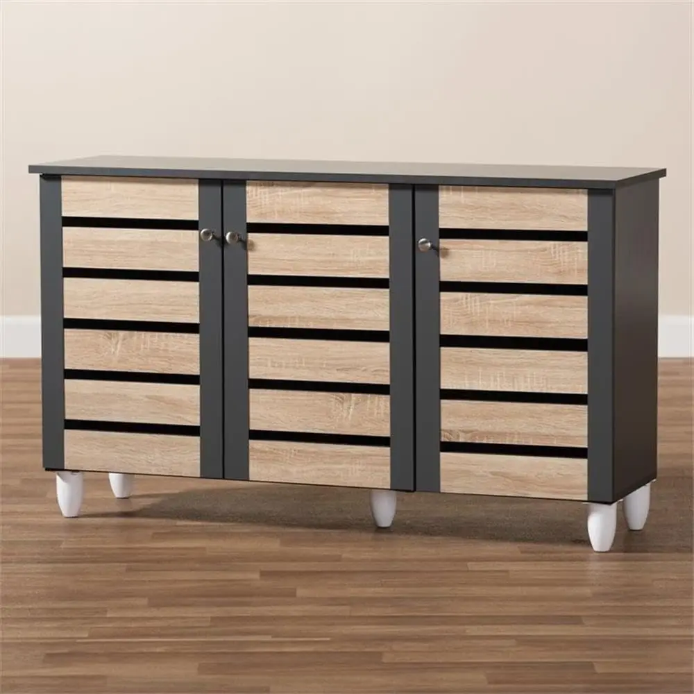 Modern and Contemporary Two-Tone Oak Wood 3-Door Shoe Cabinet in Dark Gray