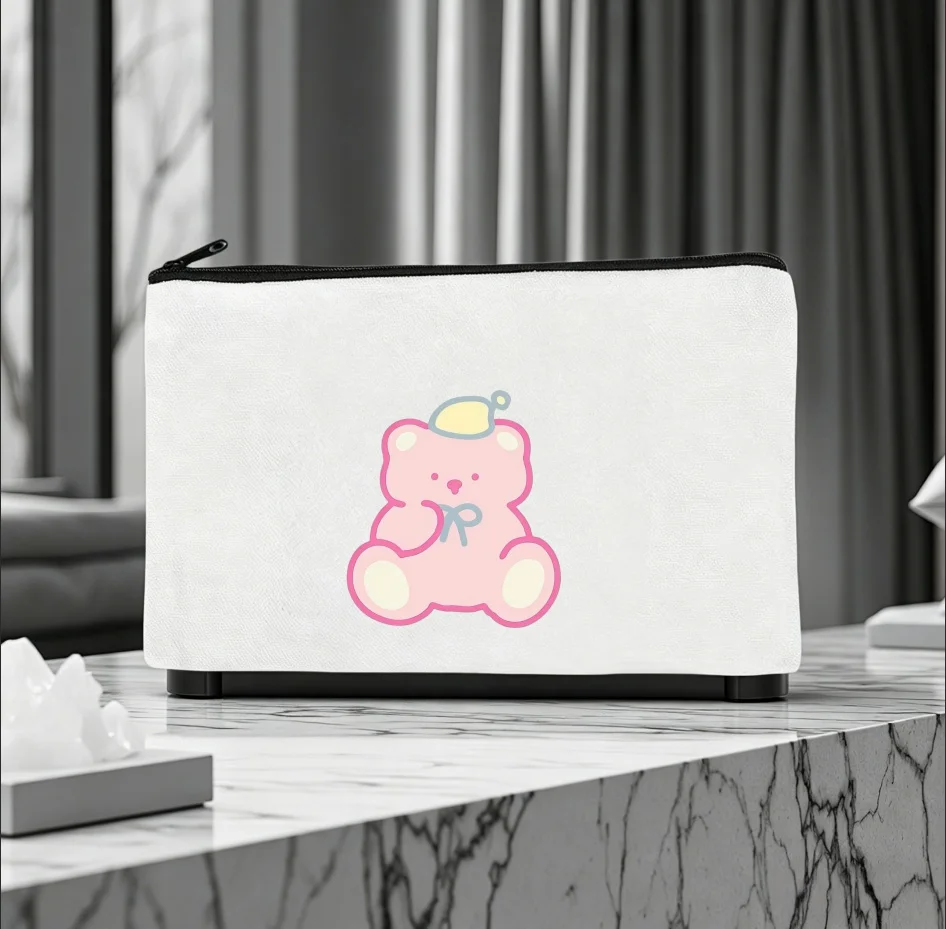 1PC Cute Pink Sleep Hat Bow Bear Print Canvas Cosmetic Bag Portable Zipper Makeup Storage Pouch Girls Gift