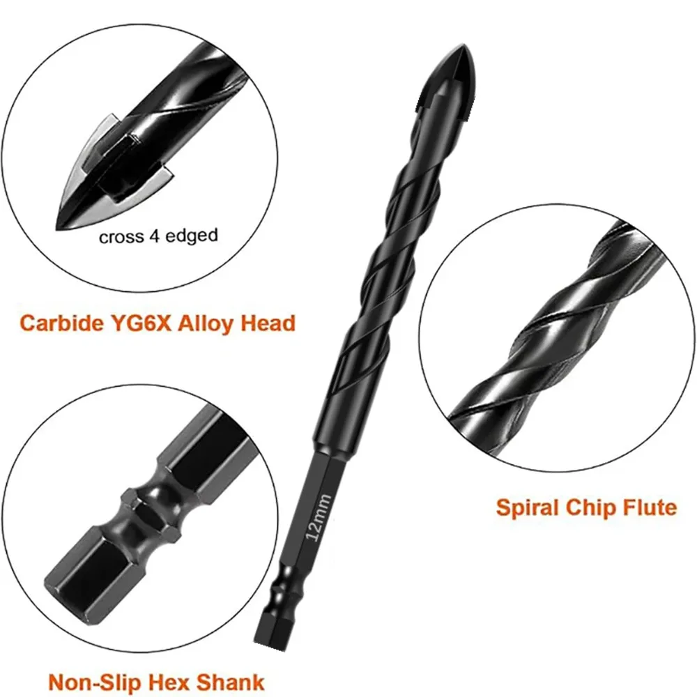 Set di punte da trapano per piastrelle esagonali a croce da 4-12 mm per kit di strumenti per punte triangolari in lega dura di mattoni per apri fori in ceramica di vetro