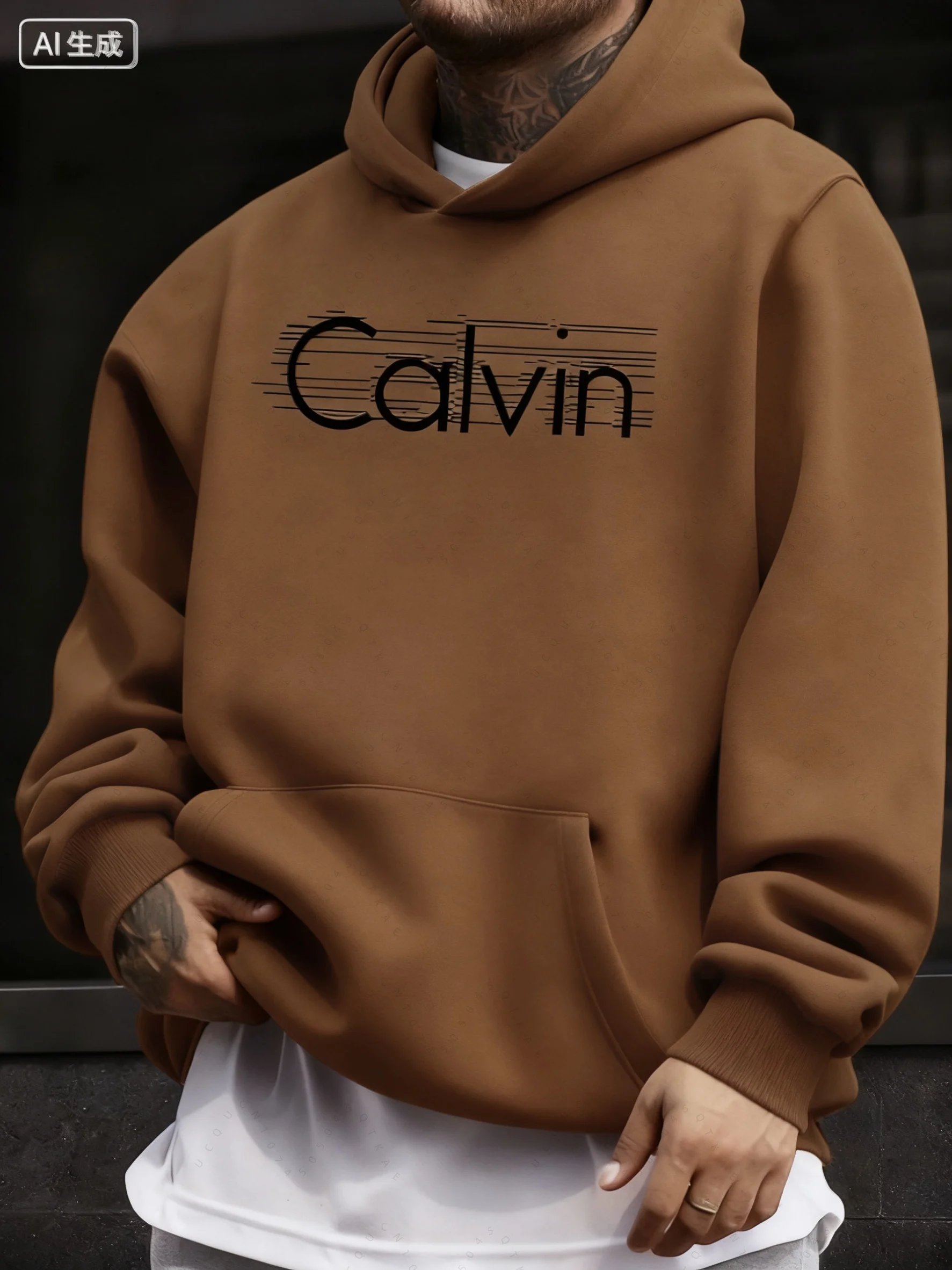Men Autumn And Winter Casual Fashionable Loose Calvin Letter Print Long Sleeved Hooded Warm Sports Pullover Loose Collar Hoodie