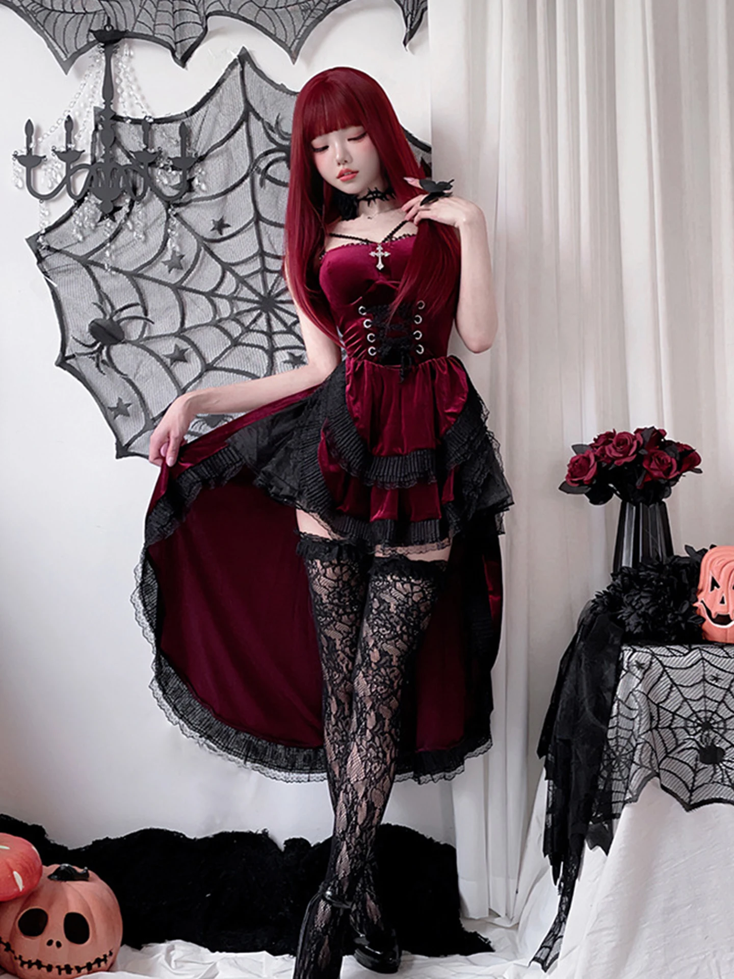 Gothic Halloween Cosplay Dr. Red Bla Lolita Rock Spitze Detailliertes Damen Tailliertes Sle Bell Bot Rock Trägerkleid