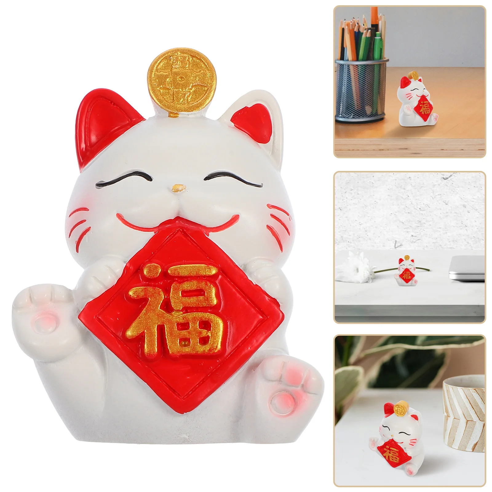 

Good Luck Cat Desk Decor Delicate Chinese Style Small Resin Lucky Statue Car Interior Ornament Chinese Cat Decor