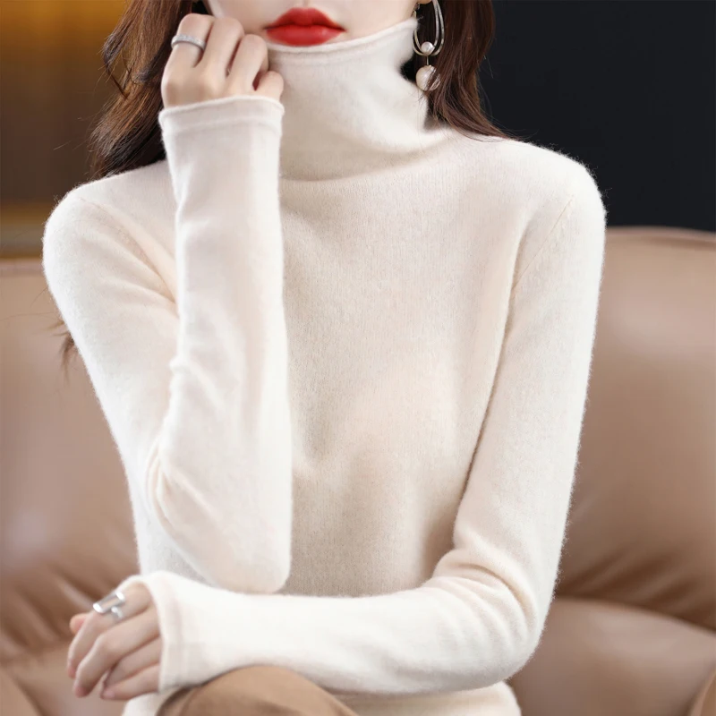 100% Merino Pure Wool Sweater 2024New Women's Autumn/Winter Warm Solid Color High Neck Basic Knit Stacked Collar Jumper Top