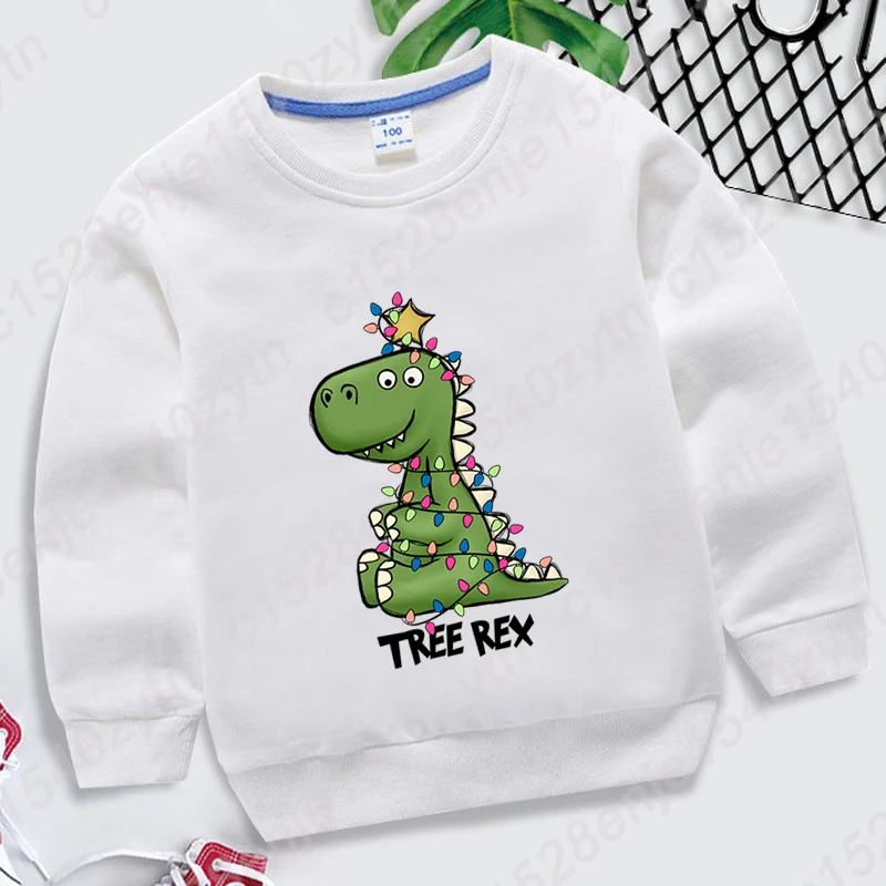 Christmas Light Dinosaur Tree Rex Hoodless Sweatshirt Fashion Children Casual Long Sleeve Loose Winter Autumn Pullover Kids Tops
