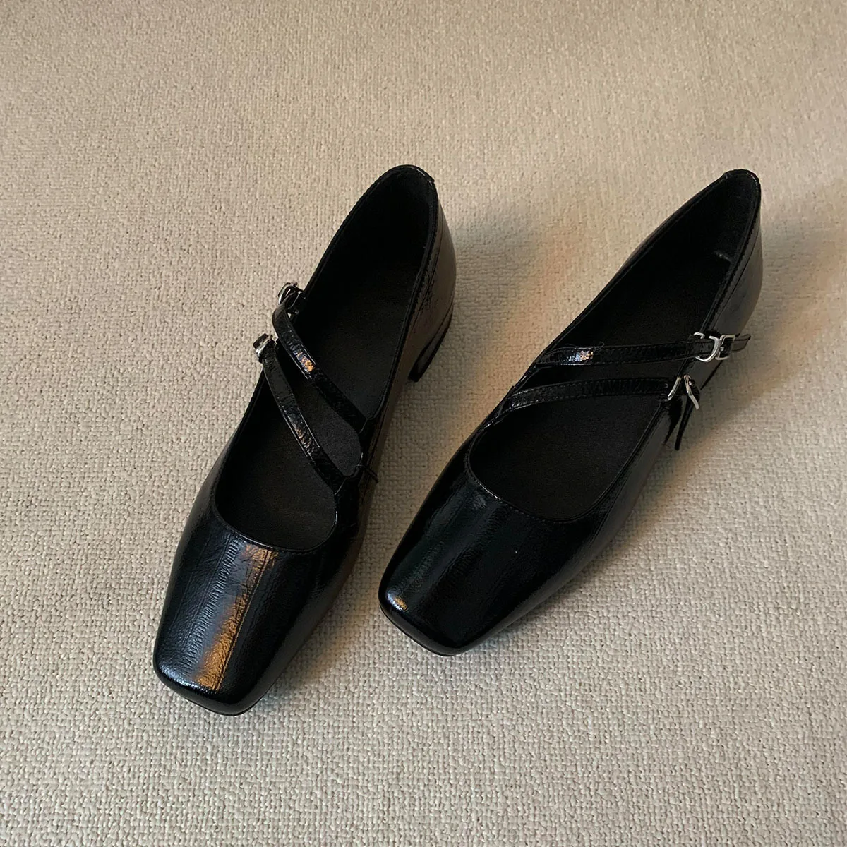 

Women Leather Flats Low Heels Square Toe Mary Jane Pumps With Square Heel Versatile Commuting Shoes Lady Sheepskin