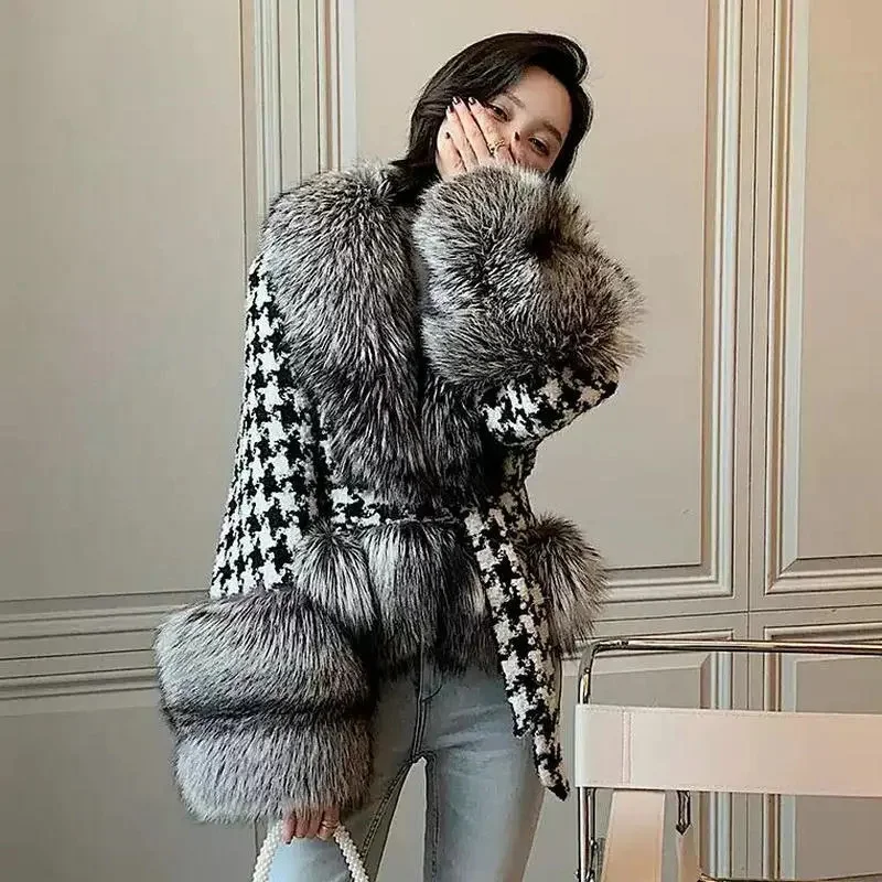 Fox Fur Grass Coat Women Short Thousand Bird Grid Double Faced Fleece Collar 2024 Small Fragrant Style Imitation Fur Coat Female