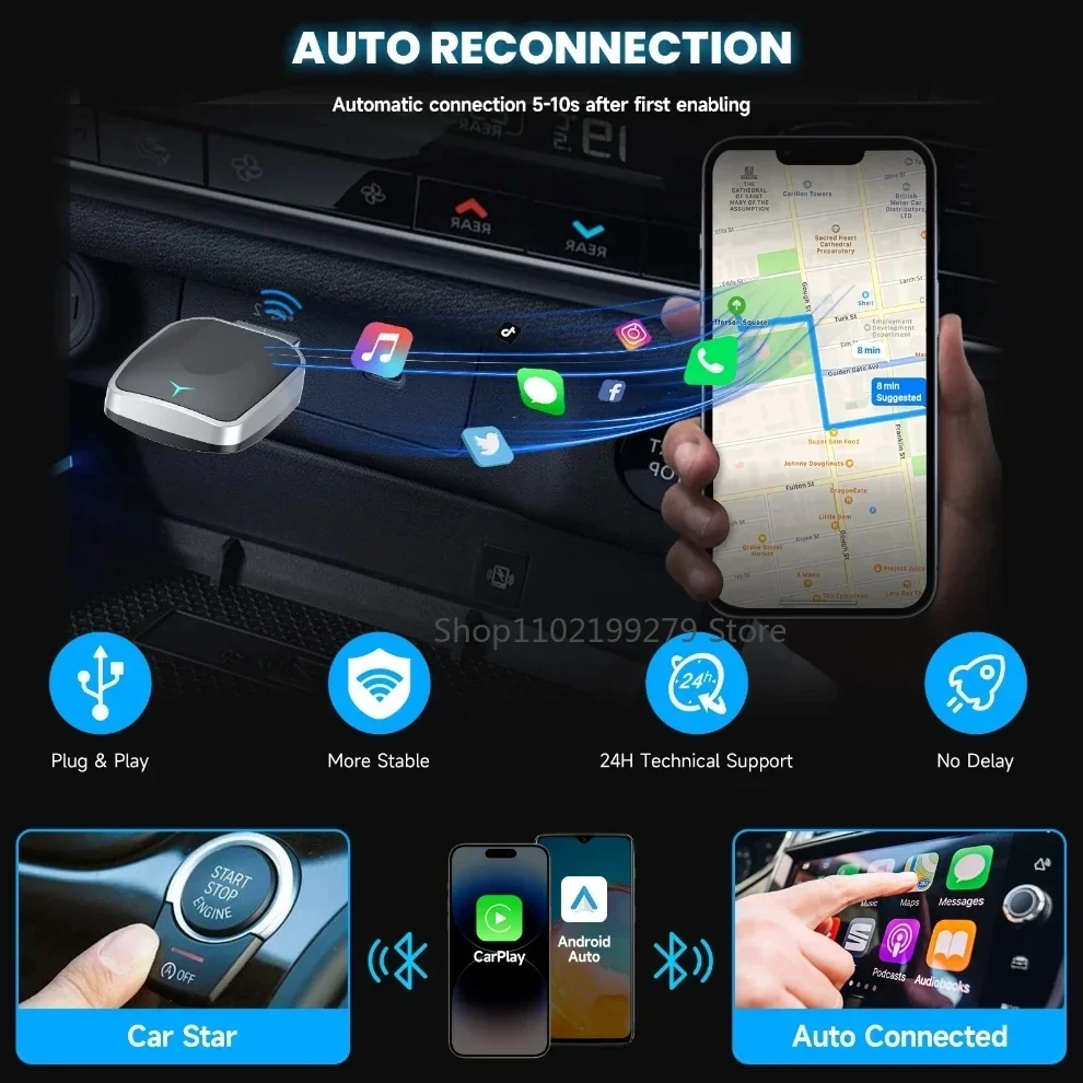 2025 جديد 2 في 1 صندوق Carplay AI اللاسلكي الذي يعمل بنظام Android التوصيل والتشغيل التلقائي ينطبق على تحويل Carplay السلكي الأصلي إلى اللاسلكي