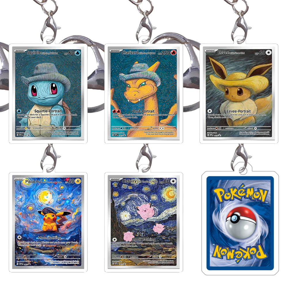 Pokemon Keychain Van Gogh Oil Painting Series Eevee Charizard Mew Mewtwo Acrylic Small Cards Anime Game Pendant Game Prop Toys