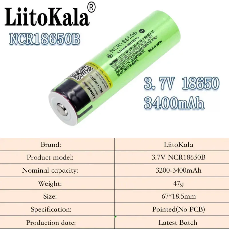 Hot liitokala 100% New Original NCR18650B 3.7 v 3400 mAh 18650 Lithium Rechargeable Battery For Flashlight batteries (NO PCB