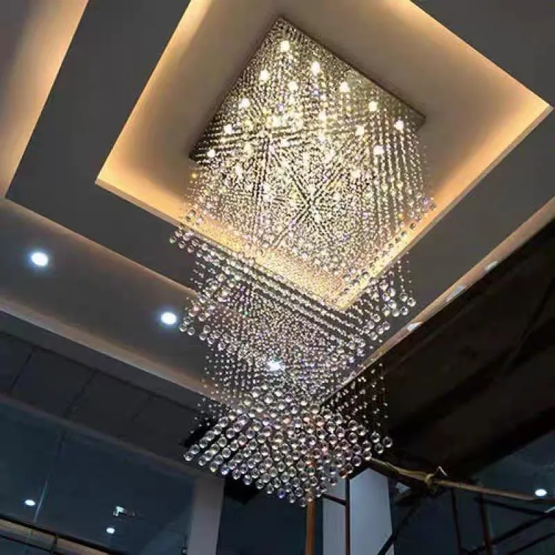 

Duplex Living Room Chandelier Square Stair Lamp Hotel Project Villa Living Room Light Luxury Post-modern Crystal Long Chandelier