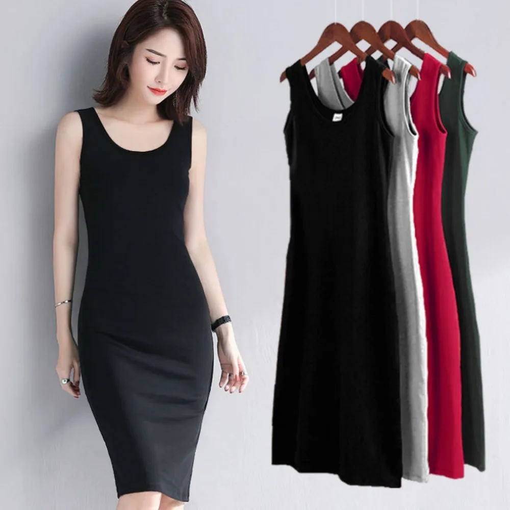 Fashion Summer Mid Length Sling Dress Outerwear Trendy Tank Bottom Dress Girls Streetwear Slim Dress Female