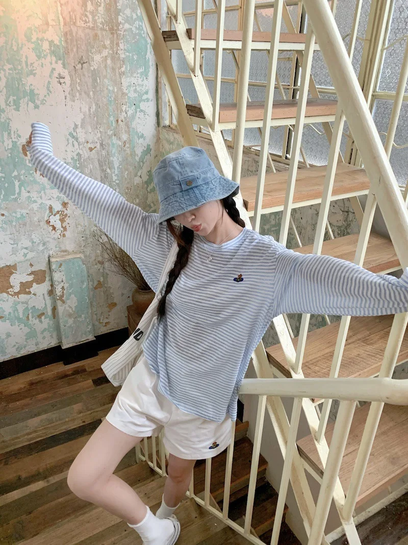Casual Female Clashing Colours Striped Long Sleeve T-shirt Sun Protection Blouse 2024 Summer Niche Embroidery Loose Thin Top Y2k