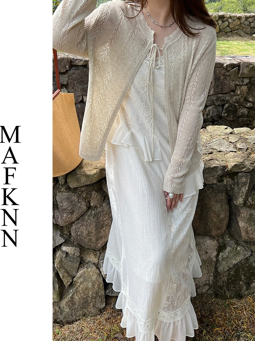 

Elegant Large Size Women's Dress with Lace Insert Casual Summer Fashion Inner Wear Strap Midi Dress by MAFKNN MK12200