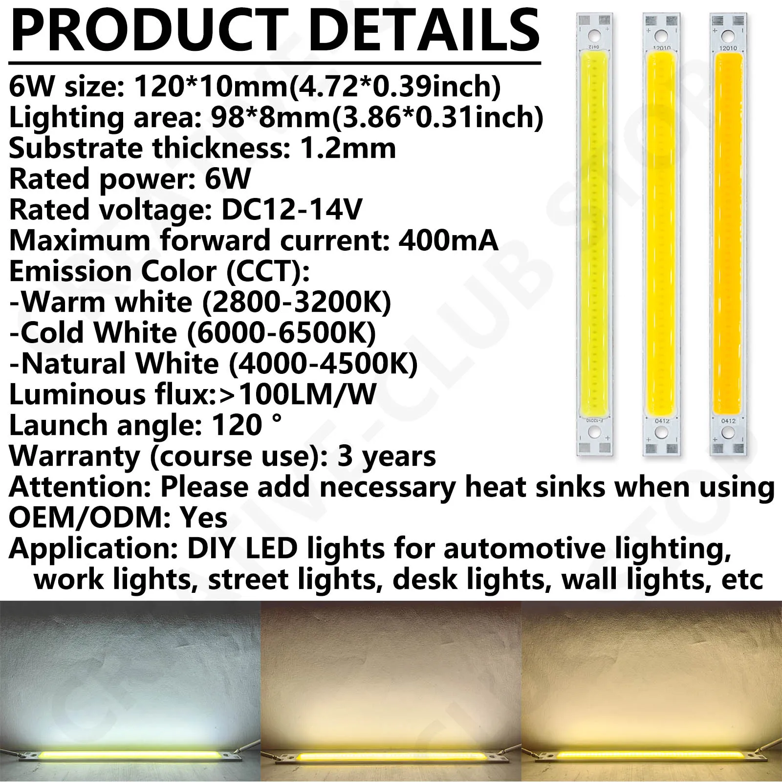 6W 12W 120*10mm 200*10mm LED COB Light Source DC12-14V Warm Natural Cold White 400mA 1000mA Light DIY LED Strip Chip Module Bulb