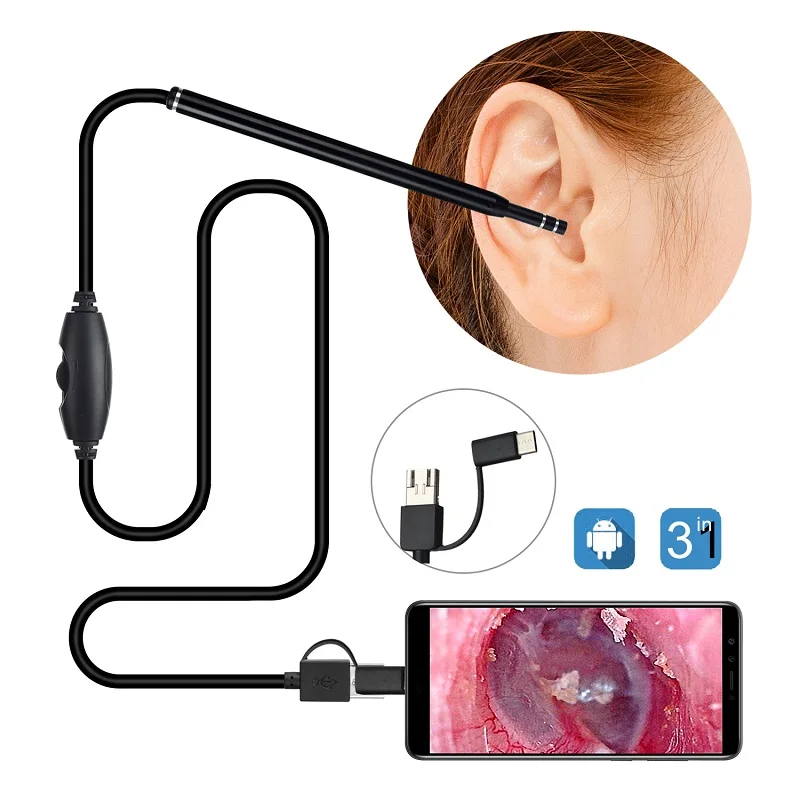 TYPE-C Ear Cleaning Endoscope Camera 5.5MM Lens LEDs Otoscope 3in1 Micro USB OTG Visual Ear Pick Spoon for Android Phones PC