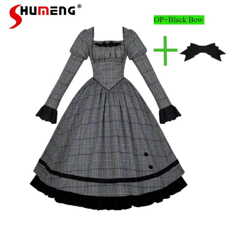 

Japanese Lolita Sweet Cute Plaid Fishbone Chest Support OP Twin Dress Clothes 2025 Autumn Rojita Slimming High-waisted Dresses