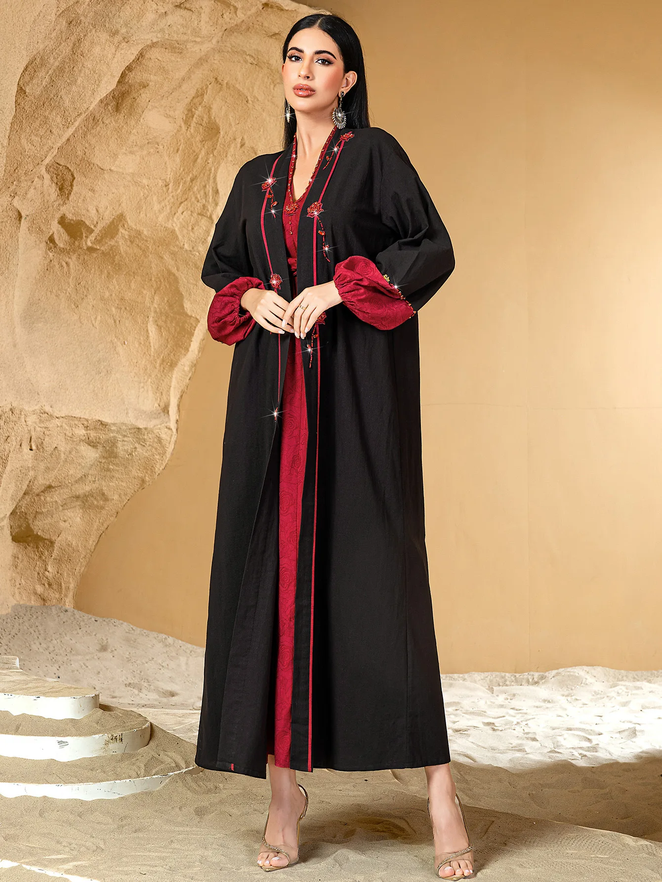 

Dubai Luxury Black Cardigan Red Dress Set Muslim Women Kimono Open Abaya Turkey Kaftan Eid Djellaba Ramadan Islam Jalabiya Robe