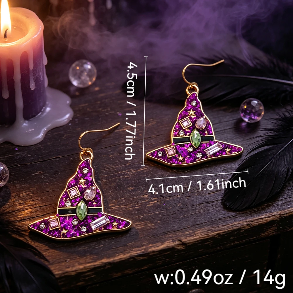 Purple Glitter Wizard Hat Dangle Earrings, Colorful Rhinestone Star Magic Hat Metal Earrings, Halloween Everyday Outfit Accessories