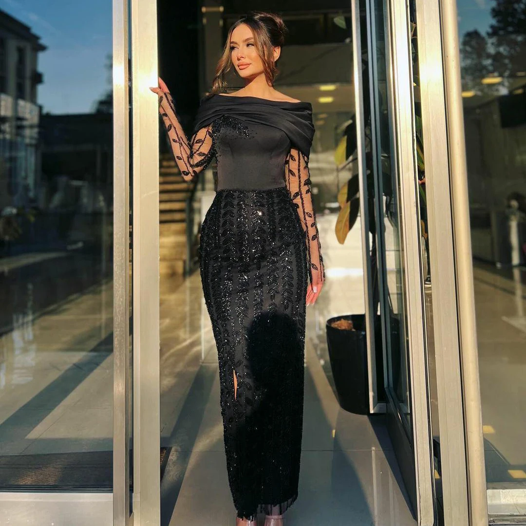 Elegant Party Dresses Small Beaded One Shoulder Mermaid Dress Lace Long Sleeve Slit Ankle Cocktail Party Formal Evening Gown