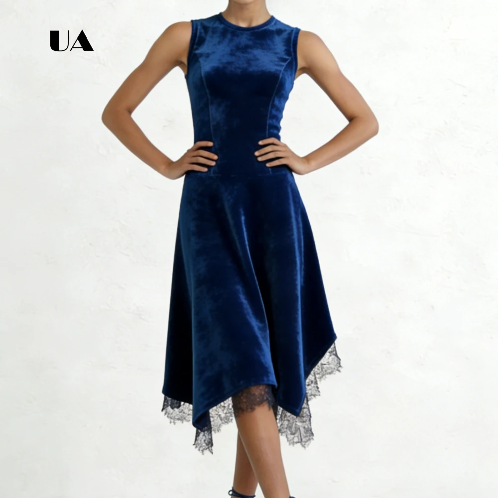 ULBYANRY Fluwelen asymmetrische galajurk met kanten bijgesneden zoom Effen O-hals gedrapeerde avondjurk Mouwloos op maat gemaakte feestjurk