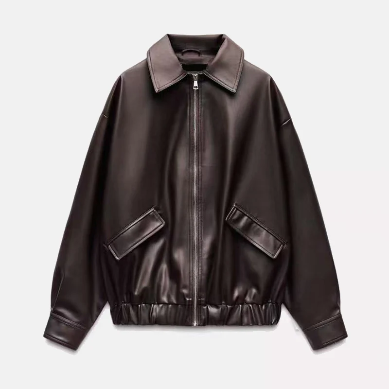 

Loose Long Sve Turn-down Collar Jaet Women's Sle Spring 2025 New Arrival Street Faion PU Leather Coat Z