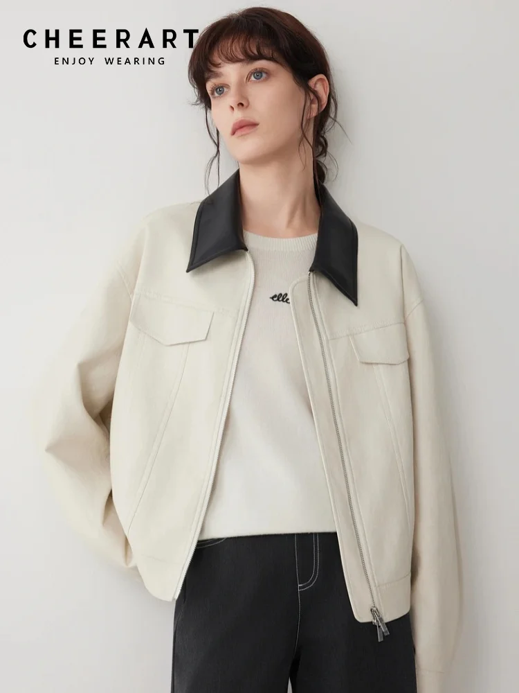 

CHEERART дизайнерская бежевая кожаная куртка женская 2023 осенняя одежда пальто на молнии модная осенняя верхняя одежда из искусственной кожи