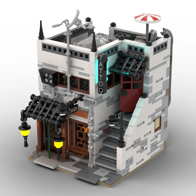City Street View Model Moc Building Bricks Tattoo Parlour / Traditional Chinese Medicine Shop Technology Modular DIY Block Toys
