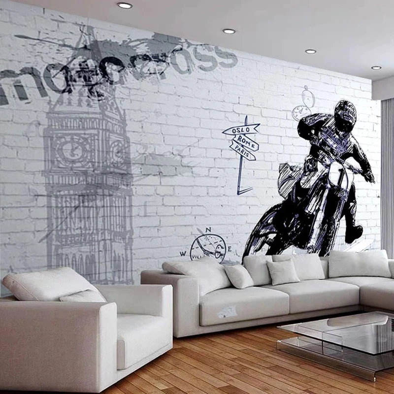 Customized 3D Mural Retro Motorcycle Character Brick Wall Wallpaper Restaurant Cafe Living room sofa TV background wall bedroom