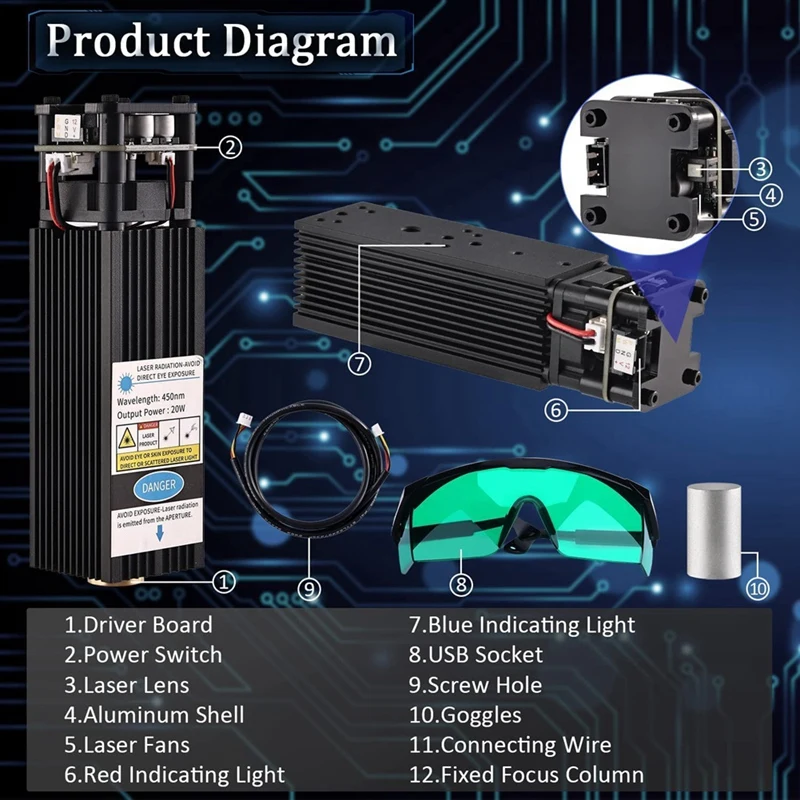 Engraver Module 20W Black Metal 3018Pro 5500MW Optical / 200000MW Electric For CNC Machine 3018/ 3018 Max/Most Engraving Machine