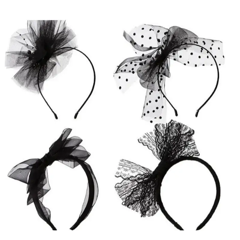 652F 4pcs Stylish Large Bows Mesh Headbands Comfortable and Practical Hairbands Hair Decoration for Daily Wear and Event