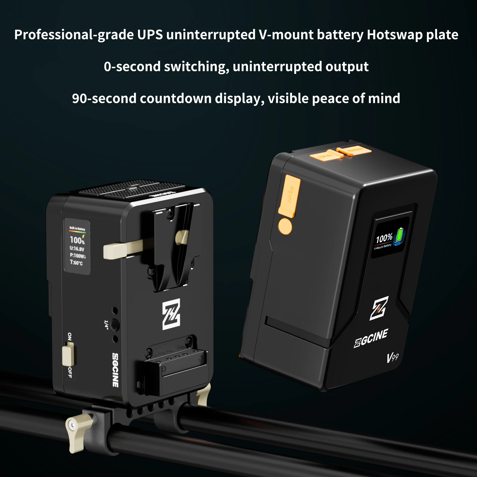 ZGCINE VM-HS1 ホットスワッププレート Vマウントバッテリープレート 内蔵バッテリー 50Wh、USB-C PD入力 65W、0.96インチIPSディスプレイ搭載