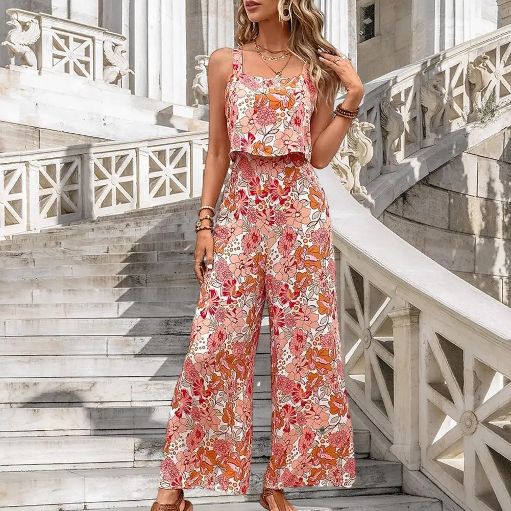 

Square Collar Jumpsuit Women Printed Jumpsuit Floral Print Backless Wide Leg Jumpsuit for Women Vacation Beachwear with Square