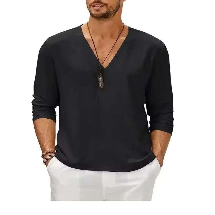 New Men's Cotton Linen Long Sleeve T-shirt Breathable Shirt Solid Color Casual V-neck Basic Tops Male Simple Versatile Tees