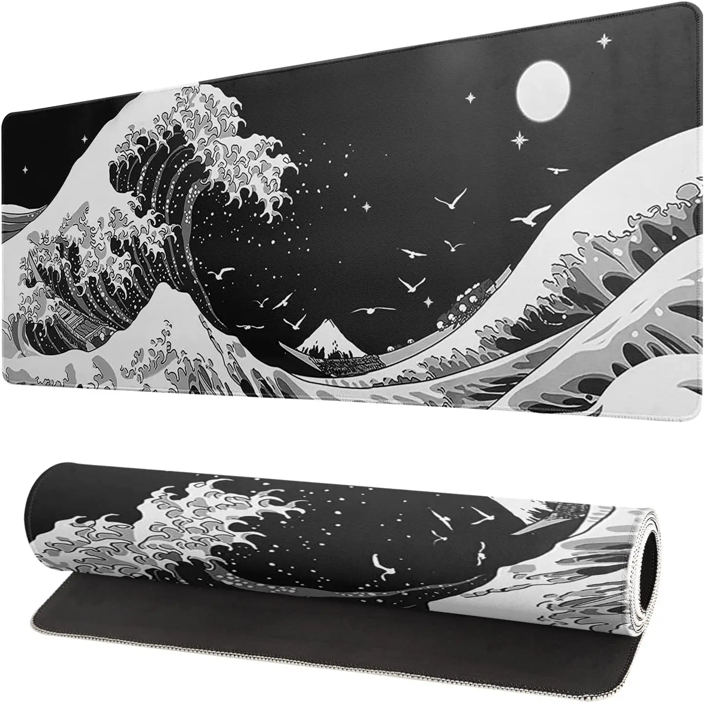 

Japanese Black Sea Wave Mouse Pad Abstract Black Gaming Mouse Pad 31.5x11.8 Inch Sea Wave Texture Large Mousepad Stitched Edges