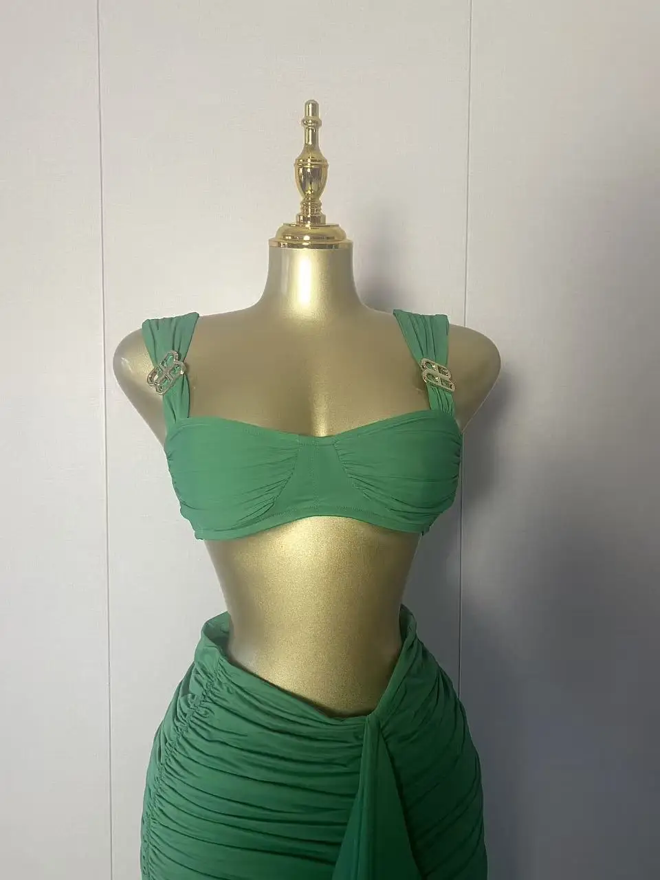 2025 New Women Sexy Strapless Tops Green Tassel Two Pieces Skirt Set Elegant Evening Club Party Outfits