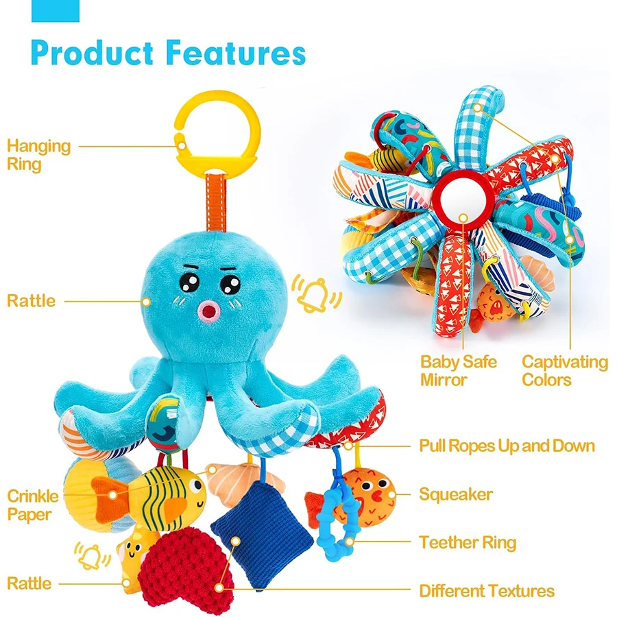 ของเล่นเด็กอ่อน 0-6 เดือน - ของเล่นติดเบาะรถยนต์ รูปปลาหมึก พร้อมเชือกดึง มีเสียงดังเอี๊ยด มีเสียงกรอบแกรบ มีเสียงเขย่า มีกระจก ของเล่นเสริมพัฒนาการแบบมอนเตสซอรี่สำหรับเด็กแรกเกิด