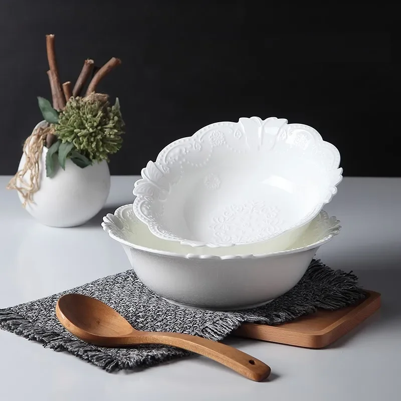 9inch, white embossed porcelain soup dinner serving bowl. ceramic mixing bowls for baking, butterfly design, kitchen cooking