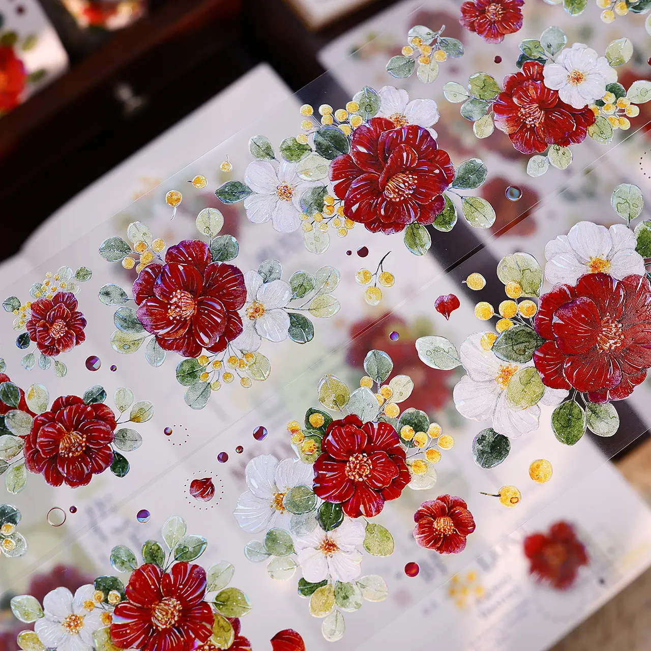 Red and White Camellia Flower Washi Tape, Washi Paper and PET Shell Light Die-Cut, DIY Journaling Scrapbooking Sticker