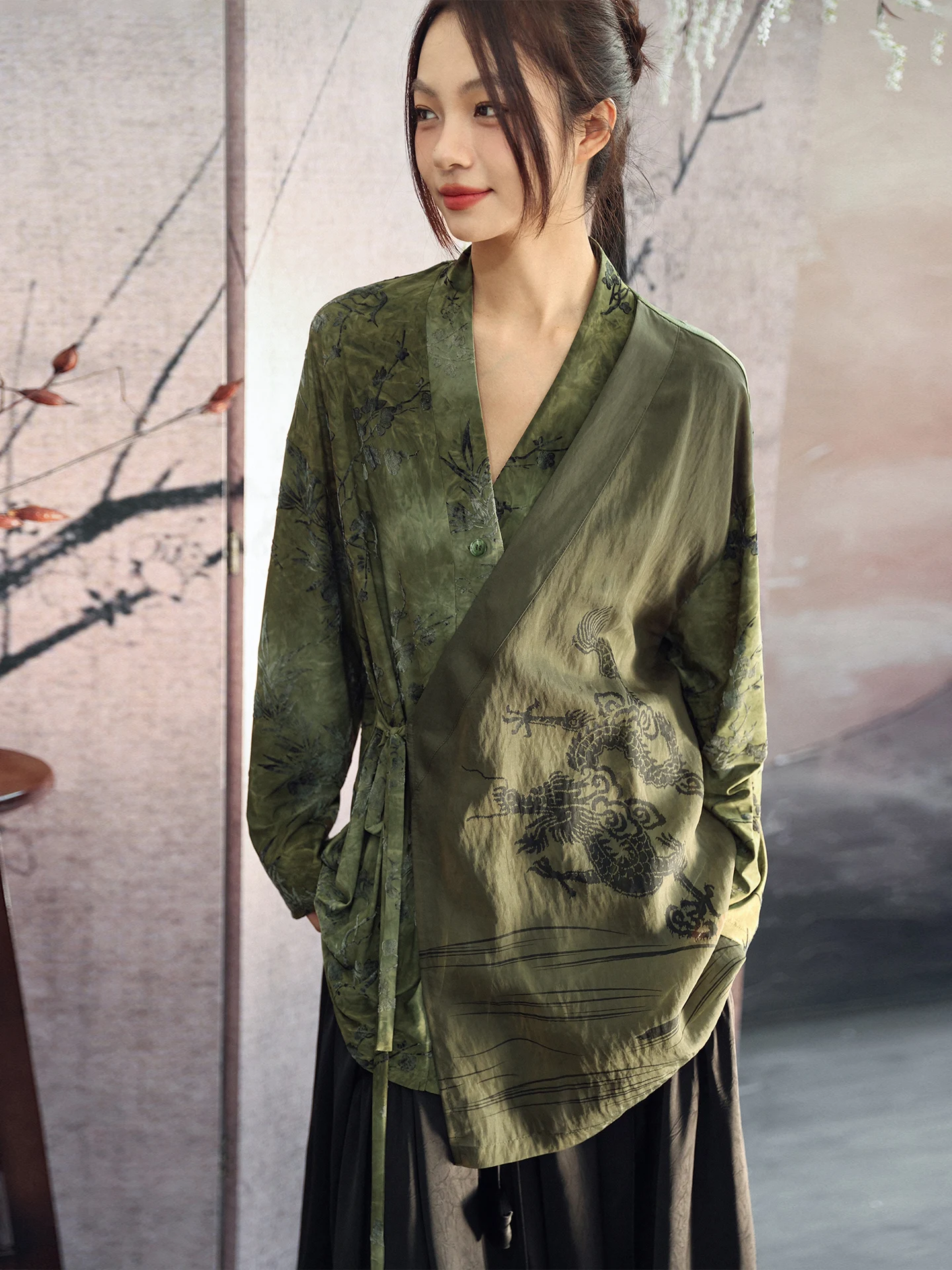 New Chinese Style Women's Dragon Patterned Bamboo Leaf Flocking Shirt Jacket Spring Season National Style Loose Fit Long Sleeve