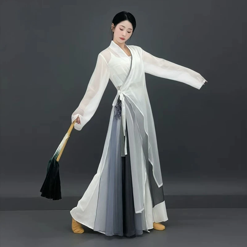Ancient Style Classical Dance Outfit Flowy Big Swing Skirt Sheer Top Women Chinese Dance Training Stage Costume