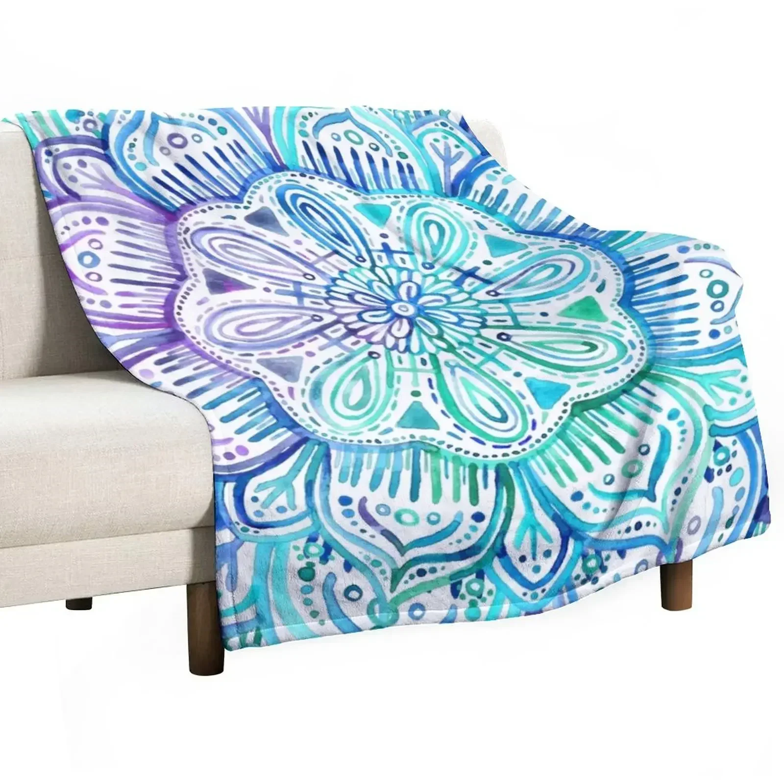 

Iridescent Aqua and Purple Watercolor Mandala Throw Blanket Kid'S Travel Personalized Gift Blankets