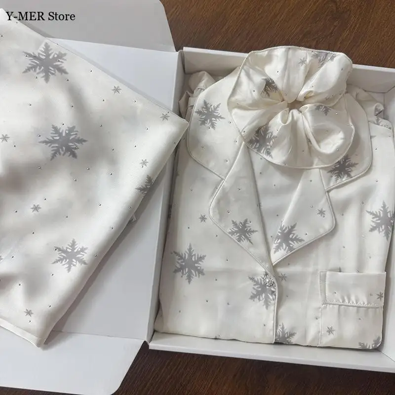 

2026 Spring New Pajamas Suit Snow Print Loungewear Women Ice Silk Home Clothes Long Sleeve Shirt Pants 2Pcs Sleepwear Nightwear